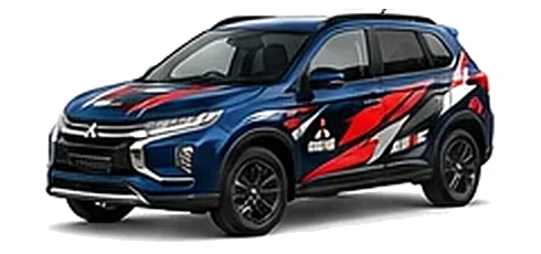 Mitsubishi ASX in Cosmic Blue with custom vinyl graphics, front three-quarter view.
