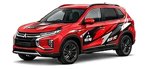 Mitsubishi ASX in Rally Red with custom vinyl graphics, front three-quarter view.