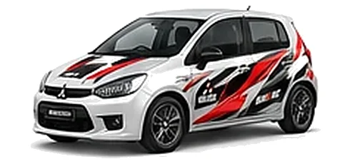 Mitsubishi Colt in Diamond White with custom vinyl graphics, front three-quarter view.