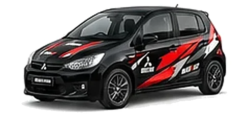 Mitsubishi Colt in Labrador Black with custom vinyl graphics, front three-quarter view.