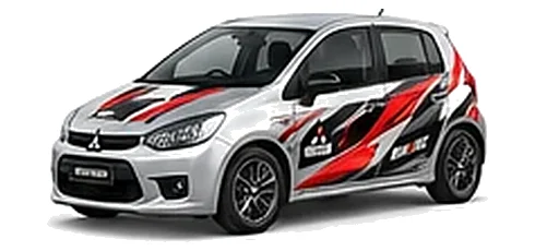 Mitsubishi Colt in Alloy Silver with custom vinyl graphics, front three-quarter view.