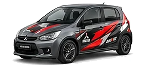 Mitsubishi Colt in Mercury Grey with custom vinyl graphics, front three-quarter view.