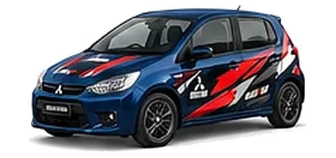 Mitsubishi Colt in Cosmic Blue with custom vinyl graphics, front three-quarter view.