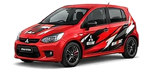 Mitsubishi Colt in Rally Red with custom vinyl graphics, front three-quarter view.