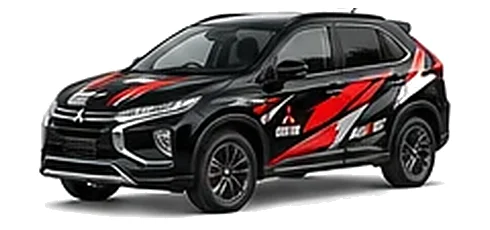 Mitsubishi Eclipse Cross in Labrador Black with custom vinyl graphics, front three-quarter view.