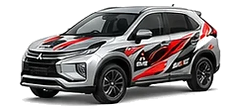 Mitsubishi Eclipse Cross in Alloy Silver with custom vinyl graphics, front three-quarter view.
