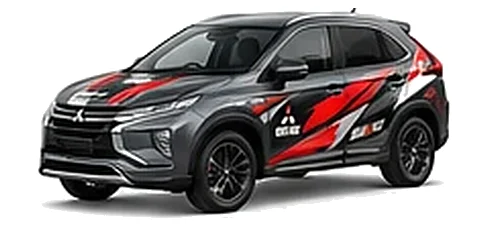 Mitsubishi Eclipse Cross in Mercury Grey with custom vinyl graphics, front three-quarter view.