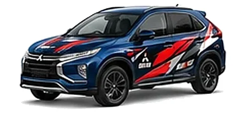 Mitsubishi Eclipse Cross in Cosmic Blue with custom vinyl graphics, front three-quarter view.