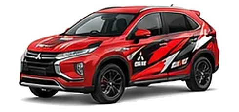 Mitsubishi Eclipse Cross in Rally Red with custom vinyl graphics, front three-quarter view.