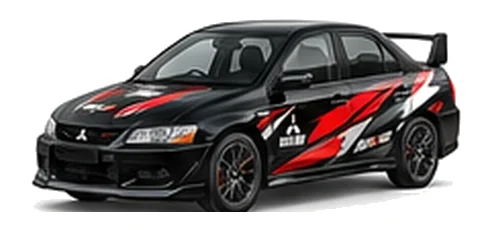 Mitsubishi Evolution in Labrador Black with custom vinyl graphics, front three-quarter view.