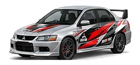 Mitsubishi Evolution in Alloy Silver with custom vinyl graphics, front three-quarter view.