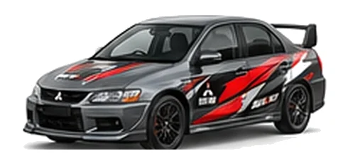 Mitsubishi Evolution in Mercury Grey with custom vinyl graphics, front three-quarter view.