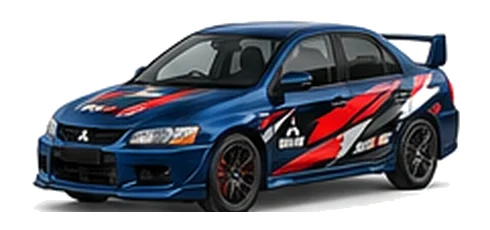 Mitsubishi Evolution in Cosmic Blue with custom vinyl graphics, front three-quarter view.