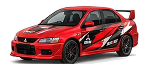 Mitsubishi Evolution in Rally Red with custom vinyl graphics, front three-quarter view.