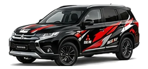 Mitsubishi Outlander in Labrador Black with custom vinyl graphics, front three-quarter view.