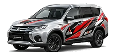 Mitsubishi Outlander in Alloy Silver with custom vinyl graphics, front three-quarter view.