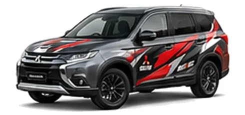 Mitsubishi Outlander in Mercury Grey with custom vinyl graphics, front three-quarter view.