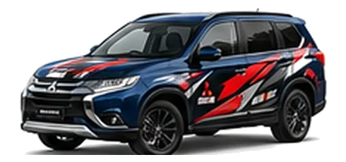 Mitsubishi Outlander in Cosmic Blue with custom vinyl graphics, front three-quarter view.