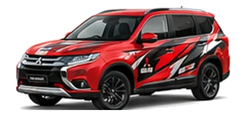 Mitsubishi Outlander in Rally Red with custom vinyl graphics, front three-quarter view.