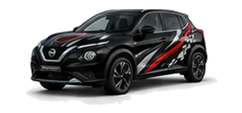 Nissan Juke in Pearl Black with custom vinyl graphics, front three-quarter view.