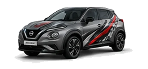 Nissan Juke in Gun Metallic with Nissan performance vinyl graphics, front three-quarter view on a white background.