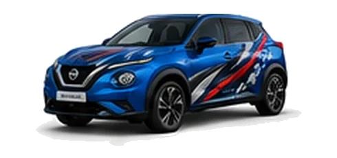 Nissan Juke in Magnetic Blue with custom vinyl graphics, front three-quarter view.