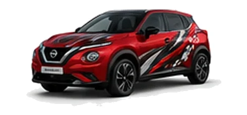 Nissan Juke in Fuji Sunset Red with Nissan performance vinyl graphics, front three-quarter view on a white background.