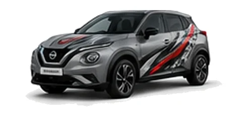Nissan Juke in Ceramic Grey with custom vinyl graphics, front three-quarter view.
