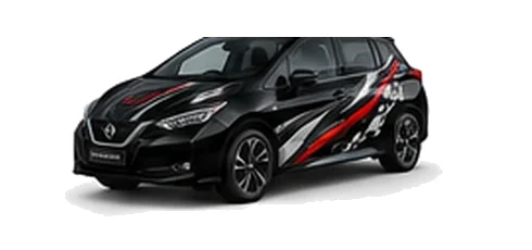 Nissan Leaf in Pearl Black with custom vinyl graphics, front three-quarter view.