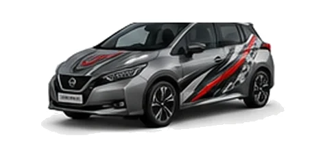 Nissan Leaf in Gun Metallic with custom vinyl graphics, front three-quarter view.
