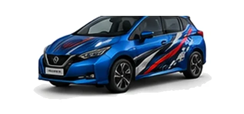 Nissan Leaf in Magnetic Blue with custom vinyl graphics, front three-quarter view.