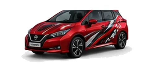 Nissan Leaf in Fuji Sunset Red with custom vinyl graphics, front three-quarter view.