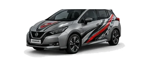 Nissan Leaf in Ceramic Grey with custom vinyl graphics, front three-quarter view.