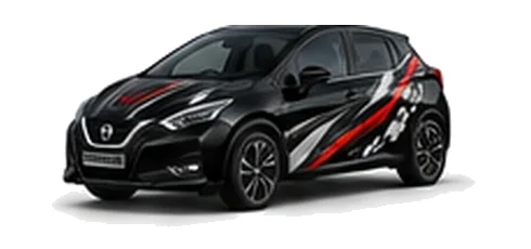 Nissan Micra in Pearl Black with custom vinyl graphics, front three-quarter view.