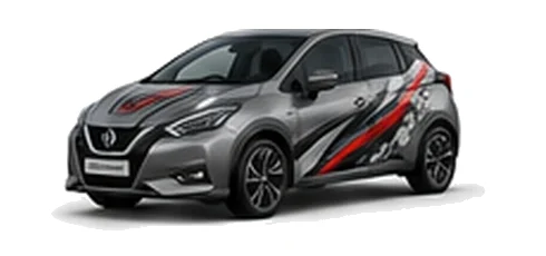 Nissan Micra in Gun Metallic with custom vinyl graphics, front three-quarter view.