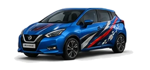 Nissan Micra in Magnetic Blue with custom vinyl graphics, front three-quarter view.