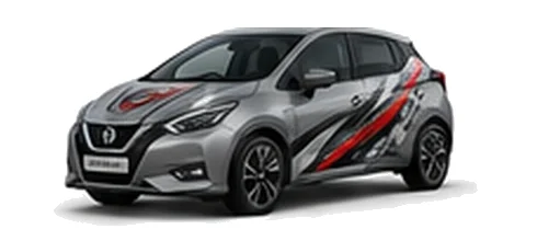 Nissan Micra in Ceramic Grey with custom vinyl graphics, front three-quarter view.