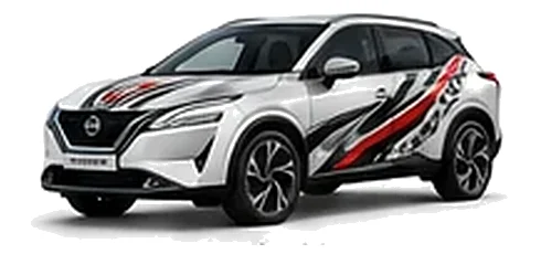 Nissan Qashqai in Pearl White with custom vinyl graphics, front three-quarter view.