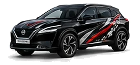 Nissan Qashqai in Pearl Black with custom vinyl graphics, front three-quarter view.