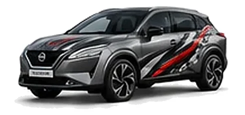 Nissan Qashqai in Gun Metallic with custom vinyl graphics, front three-quarter view.