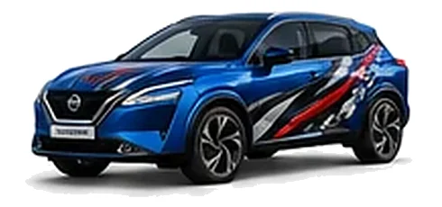 Nissan Qashqai in Magnetic Blue with custom vinyl graphics, front three-quarter view.