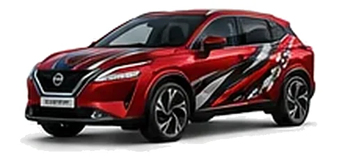 Nissan Qashqai in Fuji Sunset Red with custom vinyl graphics, front three-quarter view.