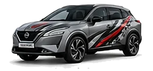 Nissan Qashqai in Ceramic Grey with custom vinyl graphics, front three-quarter view.