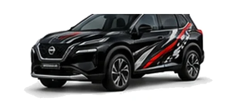 Nissan X-Trail in Pearl Black with custom vinyl graphics, front three-quarter view.