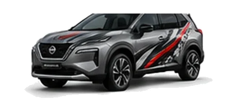 Nissan X-Trail in Gun Metallic with Nissan performance vinyl graphics, front three-quarter view on a white background.