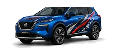Nissan X-Trail in Magnetic Blue with custom vinyl graphics, front three-quarter view.