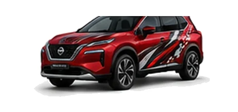 Nissan X-Trail in Fuji Sunset Red with Nissan performance vinyl graphics, front three-quarter view on a white background.