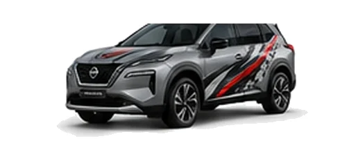 Nissan X-Trail in Ceramic Grey with custom vinyl graphics, front three-quarter view.