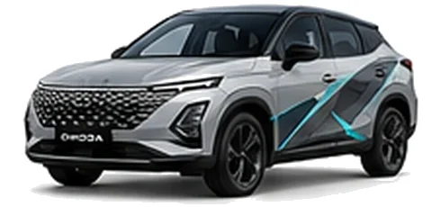 Omoda Omoda 5 in Galena Silver with custom vinyl graphics, front three-quarter view.