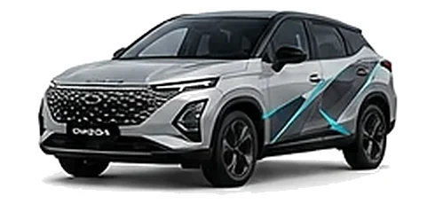 Omoda Omoda 5 SHS-H in Galena Silver with custom vinyl graphics, front three-quarter view.